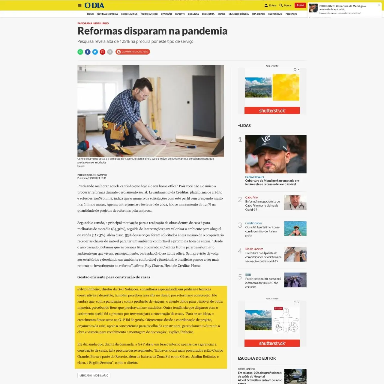 O Dia - Reformas Disparam na Pandemia